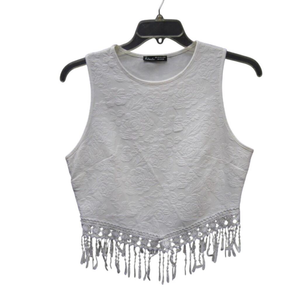 Women's L White Salant Embroidered Crop Top w/ Fringe Festival Boho